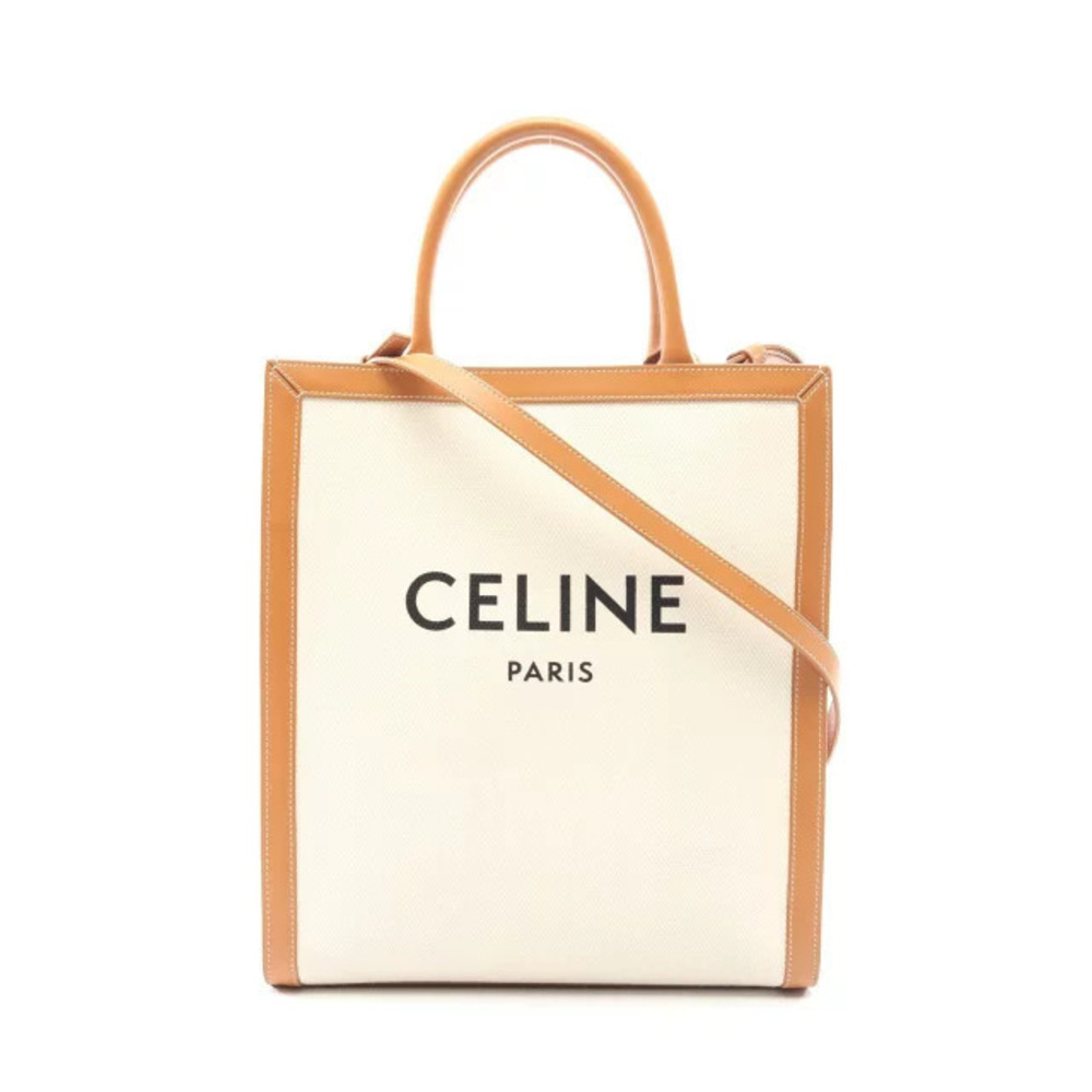 Celine Vertical Cabas Tote Bag Canvas Leather White Brown